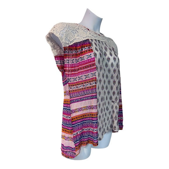 🩷Cato Stretch Mesh Lace Mixed Print Striped Boho Casual Sleeveless Summer Top - Picture 2 of 14